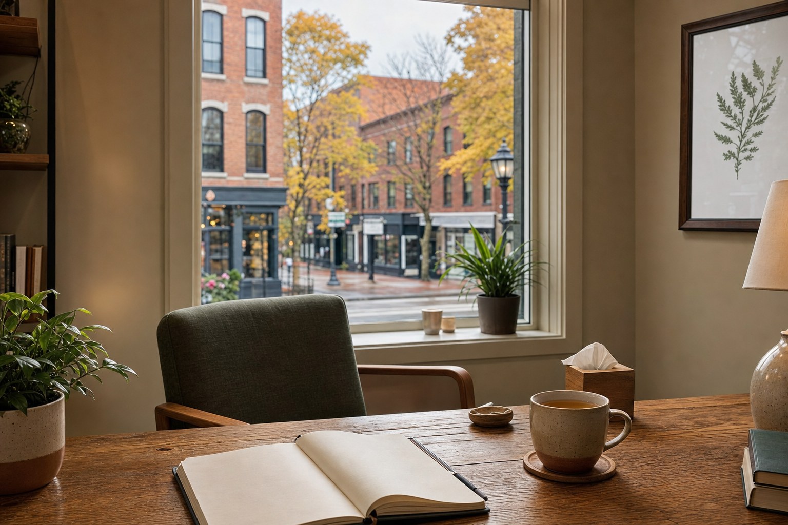 A counselor’s office desk with a notebook, tea, and a view onto a Vermont street