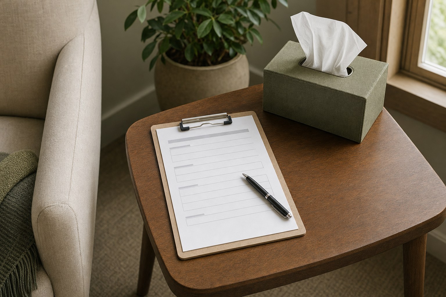 A clipboard with a simple intake form and pen beside a box of tissues