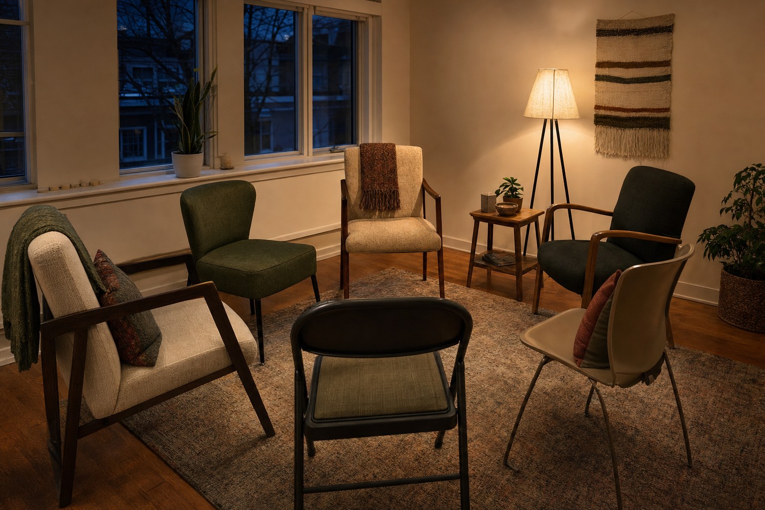 Six mismatched chairs arranged in a warm room for an evening counseling group