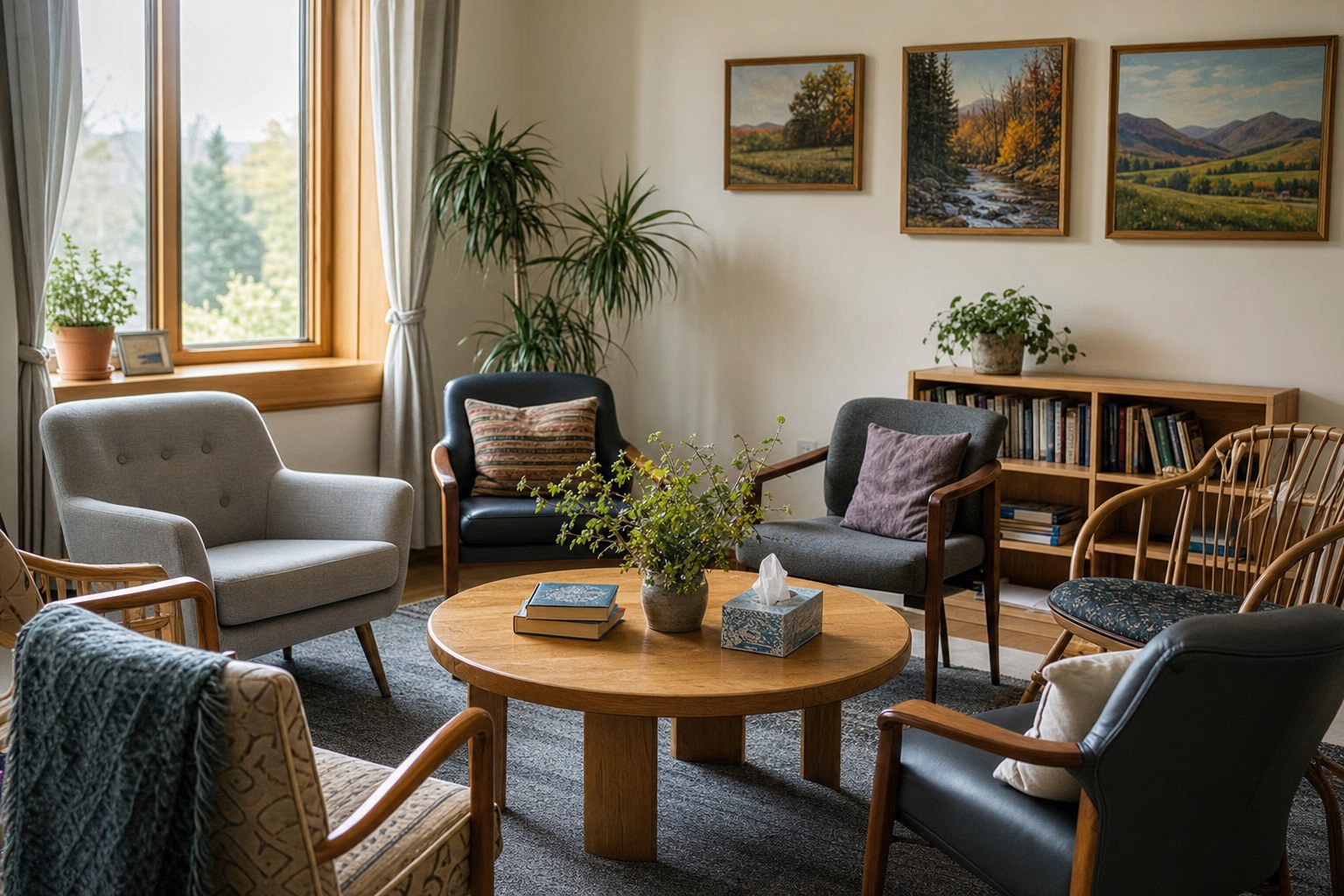 A welcoming counseling room arranged for conversation
