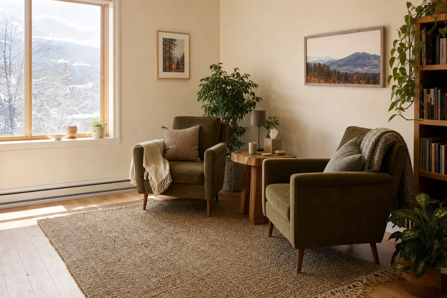 A sunlit counseling room with two comfortable chairs
