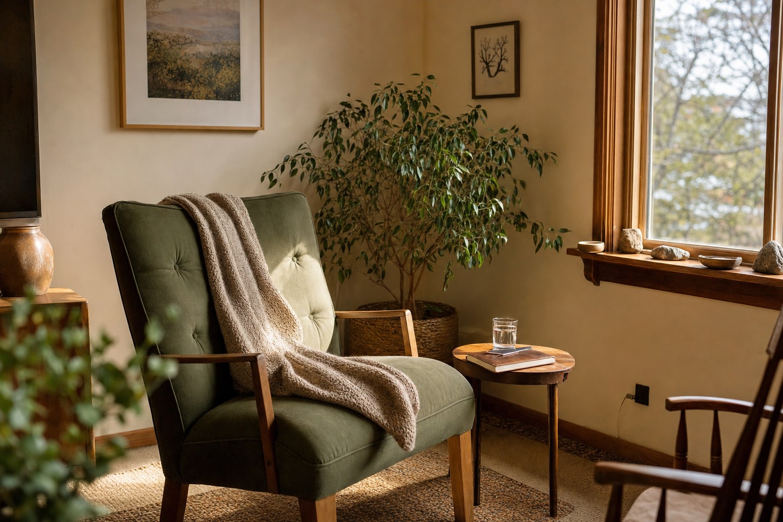 A comfortable counseling chair near a small table
